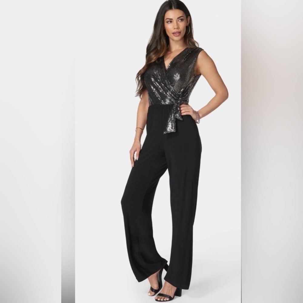 NWT BEBE DISCO DOT WRAP TIE JUMPSUIT BLACK SEQUIN TOP